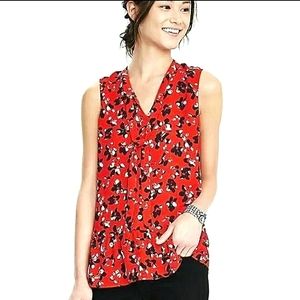 Banana Republic Red Floral Crepe Sleeveless Tie Blouse, Size S